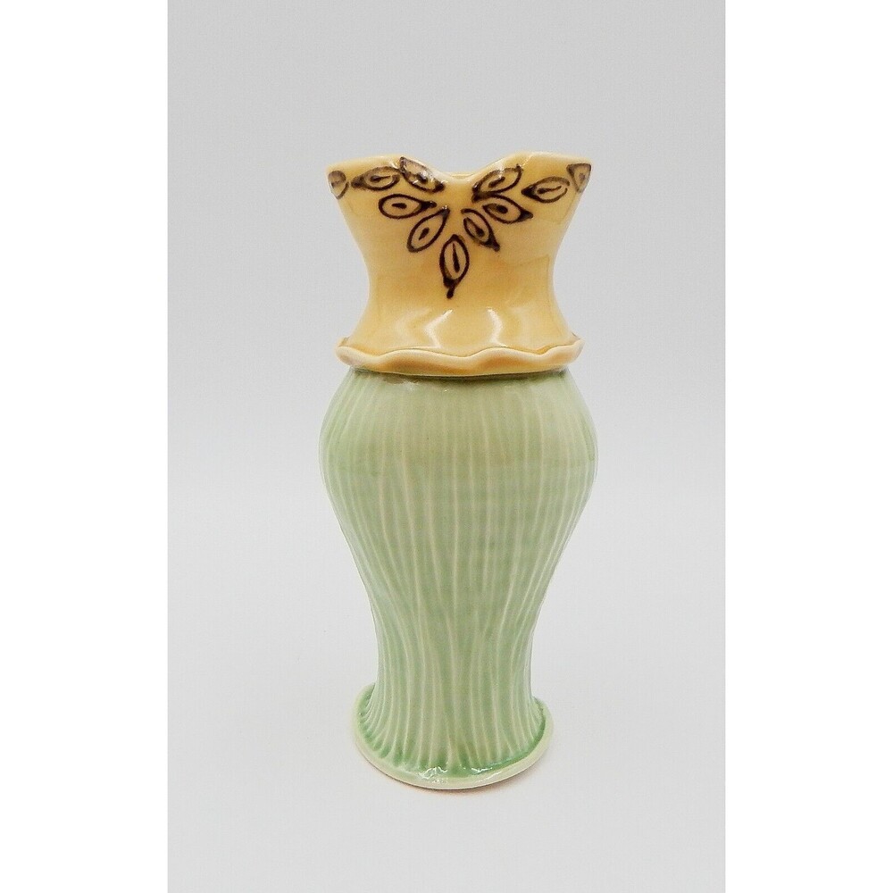 Art Pottery Bustier Top Vase Figure Beige Green 7.75 Inches Tall Signed